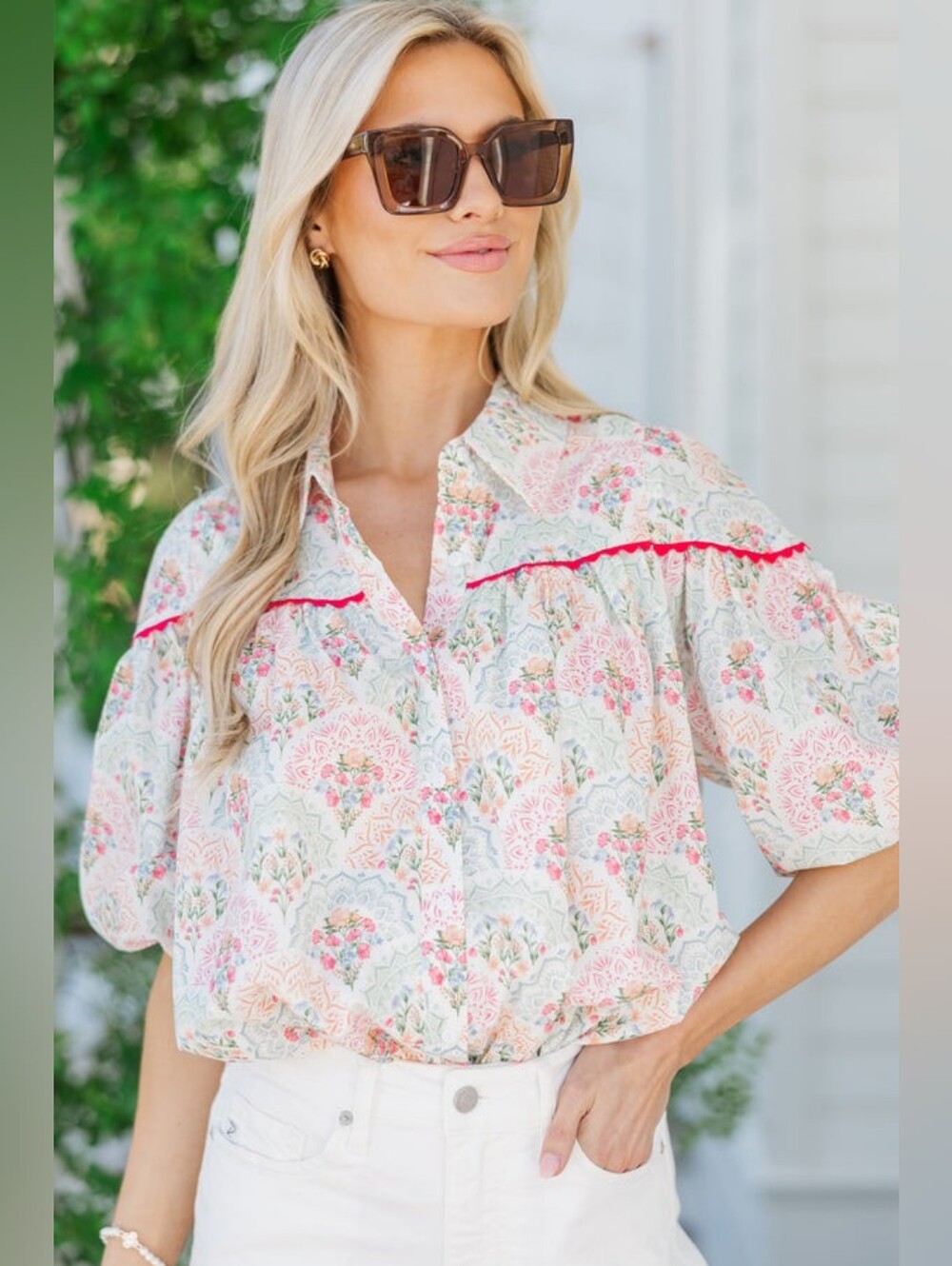 Shop the mint Better Than You Know Pink/Mint Medallion Puff Sleeve Blouse size L